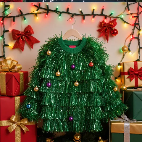 Christmas Tree Costume Funny Holiday Party Sweater Tinsel Green Pullover Novelty Stage Performance Wear For Adults