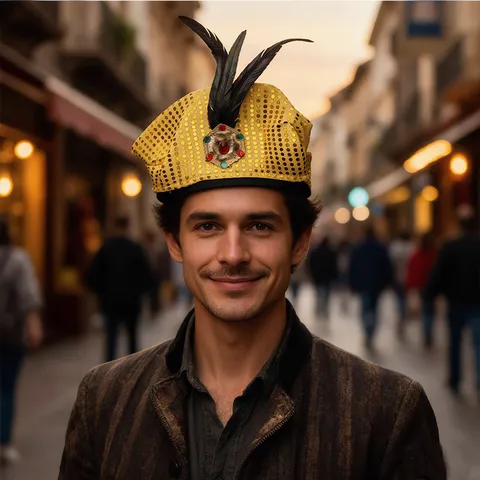 Novedoso Sombrero de Príncipe Indio Tela de Lentejuelas Pluma Decoración de Gemas Fiesta Rendimiento Disfraz Festivo Sombrerería