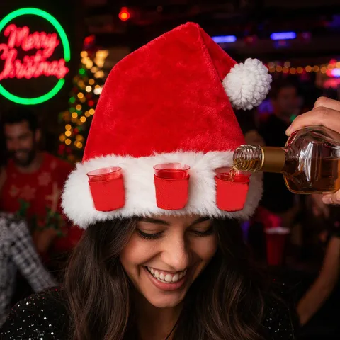Weihnachten Rot Plüsch Bar Party Weinglas Hut Mit Bechern Erwachsene Festliche Feiertag Feier Kostüm Zubehör Neuheit Party Hut