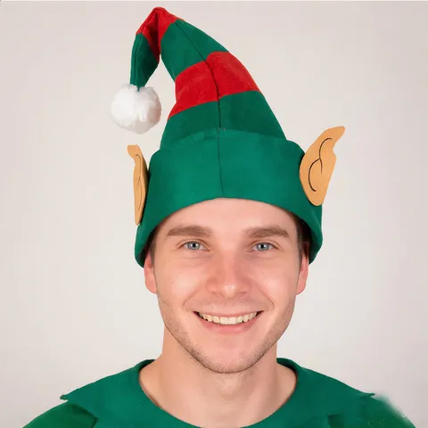 Christmas Elf Hat With Ears Red And Green Striped Non-Woven Festive Party Cap Xmas Holiday Costume Accessories