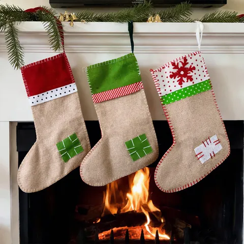 Large Linen Christmas Stocking Xmas Tree Hanging Decoration Gift Bag Holiday Party Home Indoor Decor