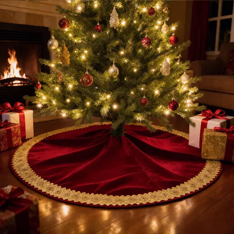 Burgundy Velvet Christmas Tree Skirt Embroidered Gold Edge Round Mat For Holiday Party Home Decor New Year Christmas Supplies