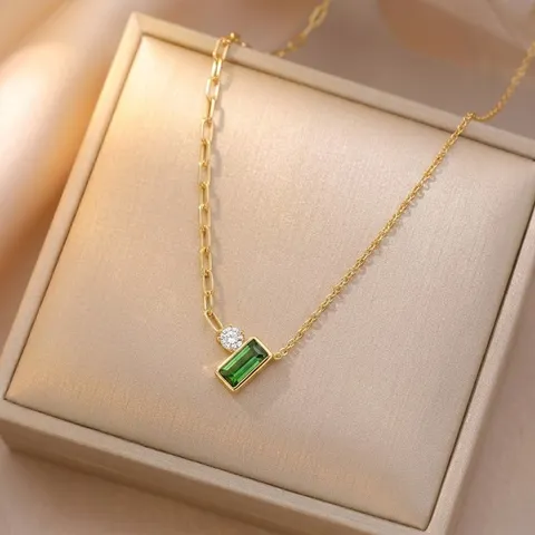 Womens Stainless Steel Zirconia Necklace Vintage Emerald Square Chain Fashion Jewelry Gift
