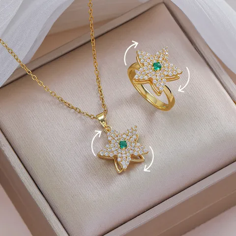 Women Stainless Steel Rotating Flower Zircon Necklace Ring Set Gold Plated Green Gemstone Fashion Jewelry Gift