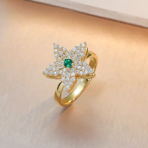 Women Stainless Steel Rotating Flower Zircon Necklace Ring Set Gold Plated Green Gemstone Fashion Jewelry Gift