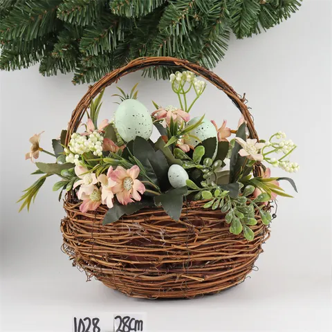 Easter Decorative Rattan Wreath Egg Candle Holder Rabbit Flower Basket Hanging Pendant Spring Home Party Decor Ornament
