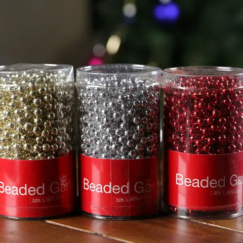 Christmas Beaded Garland Plastic Bead Chain Gold Silver Red Festive Holiday Tree Party Hanging Home Decoration