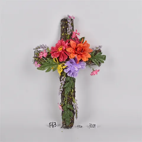 Easter Vine Cross Wreath Colorful Eggs Artificial Flowers Hanging Ornament Spring Home Decor