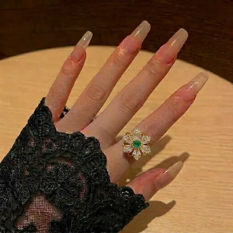 Anello Aperto con Fiore di Smeraldo per Donna Regolabile Placcato Oro Zircone Cubico Verde Gioiello alla Moda