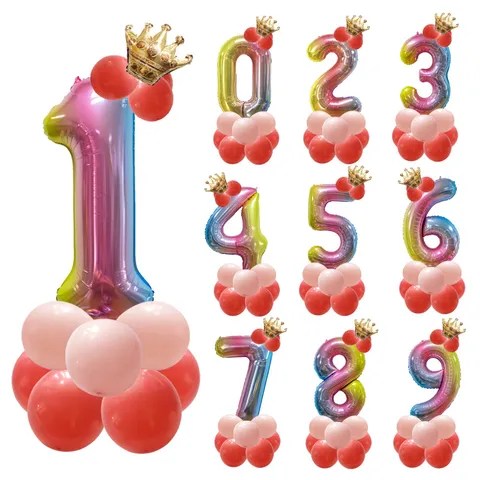 Ensemble de Ballons en Aluminium Couronne Chiffre Dégradé Décoration de Fête d'Anniversaire Jouets pour Enfants Ballons Numériques Fournitures de Célébration