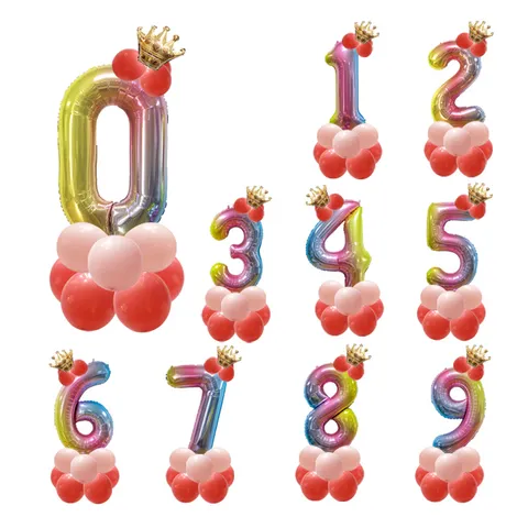 Ensemble de Ballons en Aluminium Couronne Chiffre Dégradé Décoration de Fête d'Anniversaire Jouets pour Enfants Ballons Numériques Fournitures de Célébration