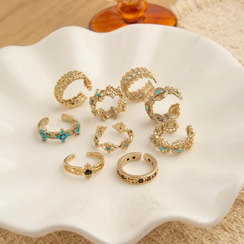 Anello Aperto Regolabile Traforato Vintage Oro Caffè Per Donna Strass Finto Turchese Fiore Orecchini Indice Dito Gioielli Regalo