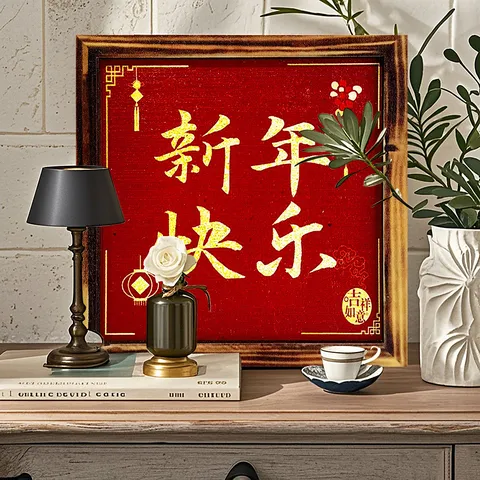 Houten Nieuwjaar Bureau Ornament Vierkante Fotolijst Met Calligrafietekst Rood Goud Gelukslantaarn Patroon Feestelijke Home Decor