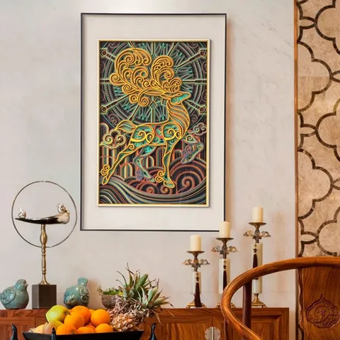 Pannello Decorativo da Parete di Lusso Wabi-Sabi Rilievo Tridimensionale Cervo dai Nove Colori con Cornice in Compensato e Alluminio