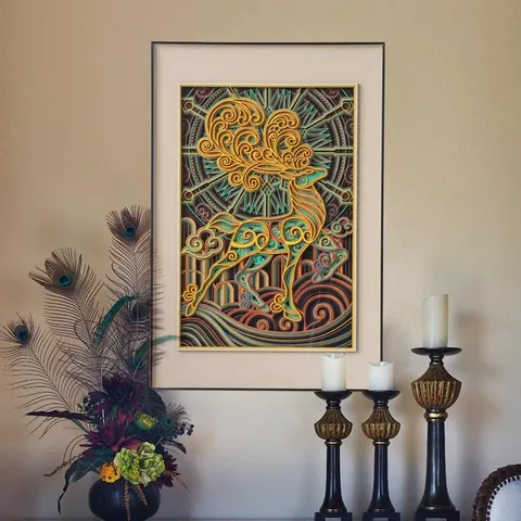 Pannello Decorativo da Parete di Lusso Wabi-Sabi Rilievo Tridimensionale Cervo dai Nove Colori con Cornice in Compensato e Alluminio
