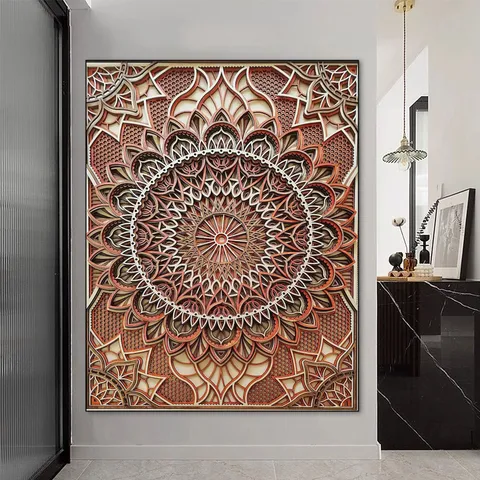 Decorazione da Parete Mandala in Legno di Lusso Europeo Scultura Geometrica a Strati 3D Taglio Laser Ornamento per Soggiorno Casa