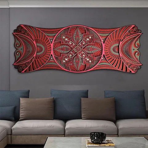Décoration Murale Mandala 3D en Bois en Couches Relief Géométrique Abstrait Indien pour Salon Fond Décoration Maison Grande Art en Bois