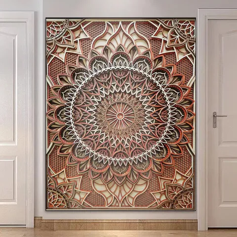 Decorazione da Parete Mandala in Legno di Lusso Europeo Scultura Geometrica a Strati 3D Taglio Laser Ornamento per Soggiorno Casa