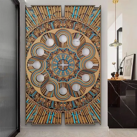 Stile Sud-est Asiatico Quadrato Legno Intaglio a Strati Decorazione Murale Mandala Geometrico 3D Arte Murale Soggiorno Casa