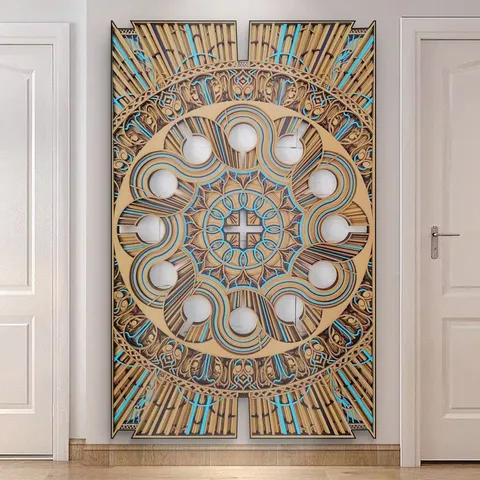 Stile Sud-est Asiatico Quadrato Legno Intaglio a Strati Decorazione Murale Mandala Geometrico 3D Arte Murale Soggiorno Casa
