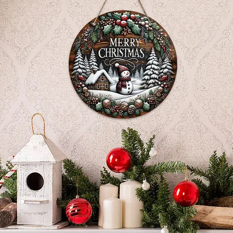 Merry Christmas Wooden Hanging Sign Round Snowman Plaque Rustic Wood Wreath Sign For Front Door Porch Wall Decor Holiday Party