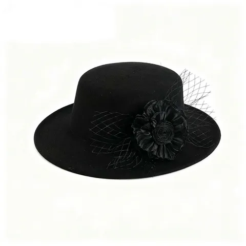 Hepburn Stil Wollstoff Boater Hut Damen Vintage Britischer Flachhut Mit Netzschleier Blume Dekoration Hochzeit Party Hut