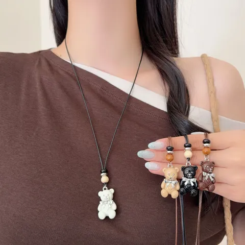 Süße Emaille Bär Anhänger Halskette Für Damen Einzigartiges Design Lange Wachsschnur Pullover Kette Mit Holzperlen Modeschmuck Geschenk
