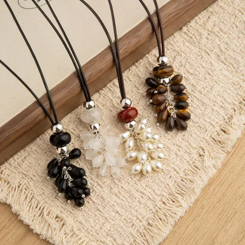 Natural Stone Tiger Eye Obsidian Crystal Beaded Necklace For Women Long Sweater Chain Adjustable Wax Rope Grape Cluster Pendant Jewelry