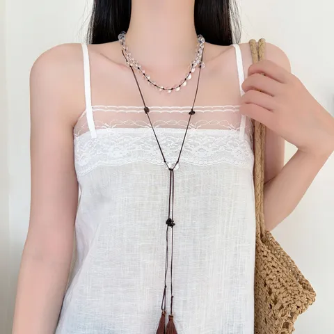 Neuer Chinesischer Stil Lange Halskette Kristallperlen Quaste Anhänger Retro Elegante Perlen Schmuck Für Damen Handgewebt Seilkette
