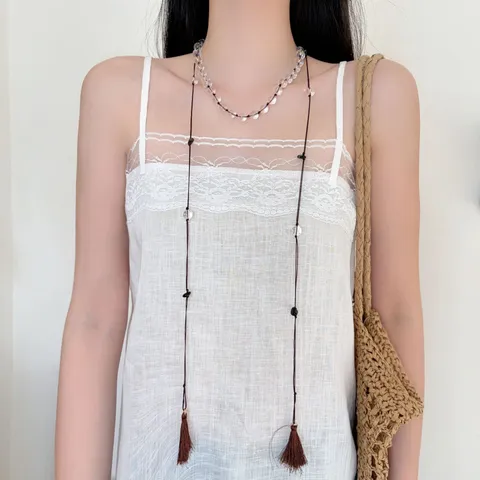 Neuer Chinesischer Stil Lange Halskette Kristallperlen Quaste Anhänger Retro Elegante Perlen Schmuck Für Damen Handgewebt Seilkette