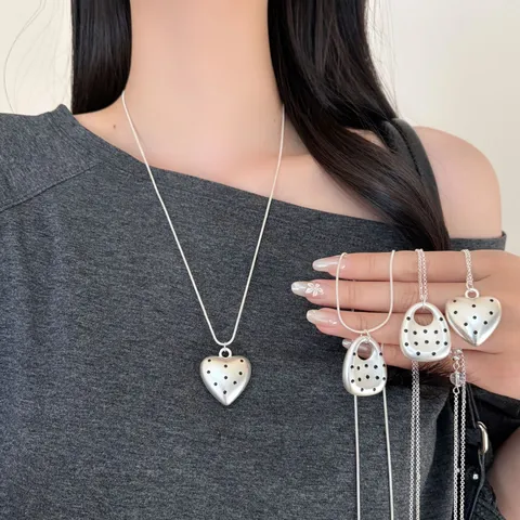 Silver Color Heart Polka Dot Adjustable Long Necklace For Women Copper Alloy K-pop Style Ins Design Sweater Chain Jewelry