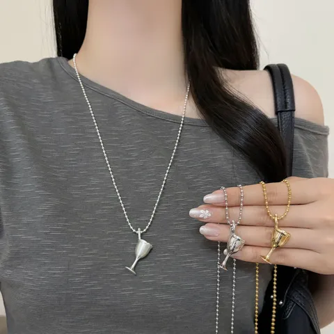 French Vintage Copper Alloy Goblet Pendant Long Necklace Electroplated Ball Chain Sweater Necklace For Women Luxury Style Jewelry