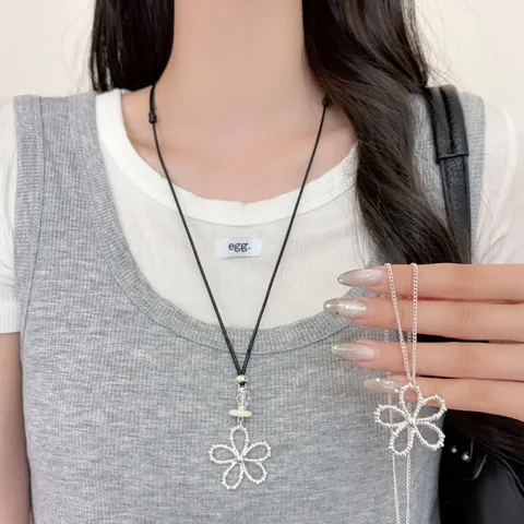 Korean Ins Style Hollow Flower Pendant Necklace For Women Silver Color Metal Flower Black Wax Cord Adjustable Clavicle Chain Jewelry