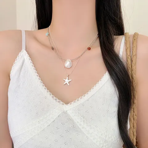Doppellagige Seestern Muschel Anhänger Halskette Titanstahl Perlenkette Urlaubsstil Schmuck für Damen Täglicher Halsschmuck