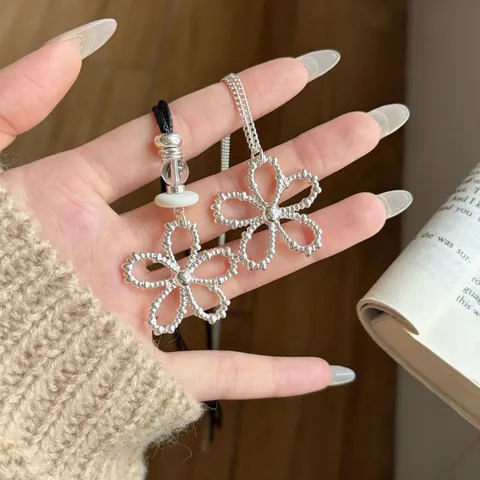 Korean Ins Style Hollow Flower Pendant Necklace For Women Silver Color Metal Flower Black Wax Cord Adjustable Clavicle Chain Jewelry