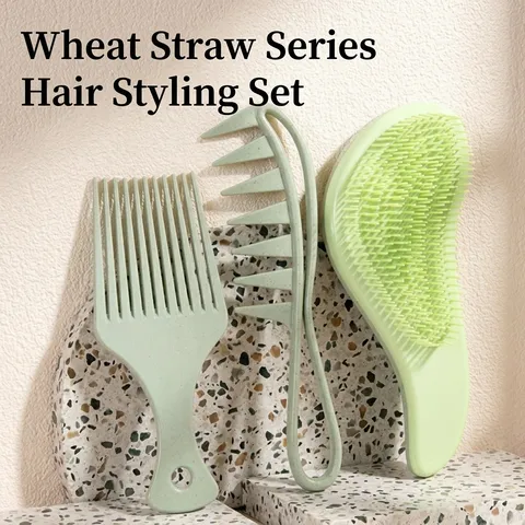 Juego de Cepillos para el Cabello de Paja de Trigo Ecológico Con Bolsa de Lino Peines de Masaje Desenredantes para Mujer Hombre