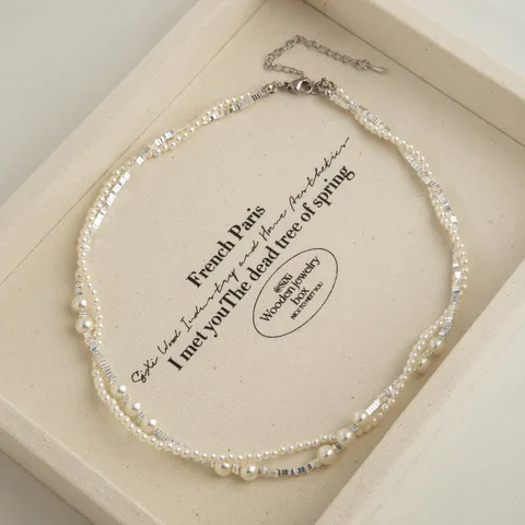Double Layer Twisted Artificial Pearl Broken Silver Necklace For Women Luxury Niche Design Clavicle Chain Elegant Neck Jewelry