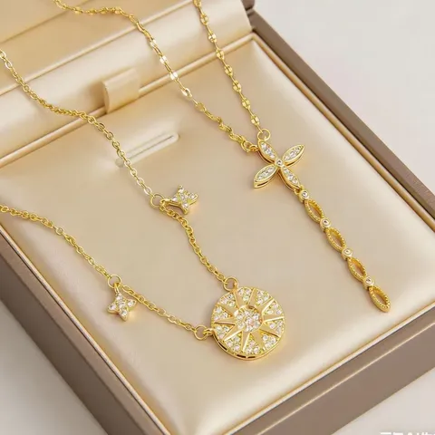 Luxury Titanium Steel Compass Star Burst Pendant Necklace Gold Plated Rhinestone Layered Chain Necklaces For Women Fine Fashion Jewelry Gift