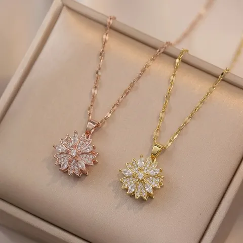 Rotating Snowflake Flower Pendant Necklace Stainless Steel Zirconia Inlaid Luxury Designer Jewelry For Women Rose Gold Gold