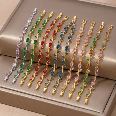 Elegant Gold Plated Copper Tulip Branch Vine Charm Bracelet Colorful Rhinestone Micro Inlaid Korean Ins Style Hand Chain Jewelry For Women Gift