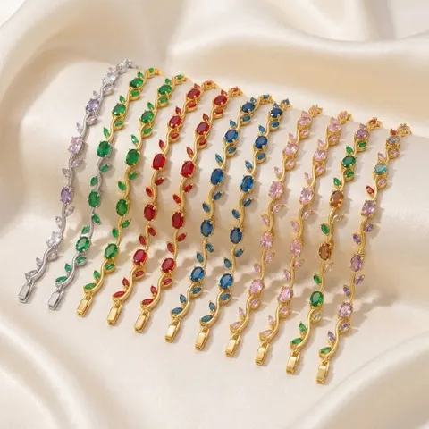 Elegant Gold Plated Copper Tulip Branch Vine Charm Bracelet Colorful Rhinestone Micro Inlaid Korean Ins Style Hand Chain Jewelry For Women Gift