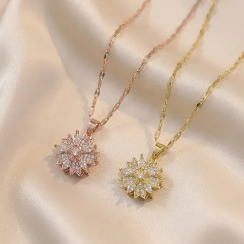 Rotating Snowflake Flower Pendant Necklace Stainless Steel Zirconia Inlaid Luxury Designer Jewelry For Women Rose Gold Gold