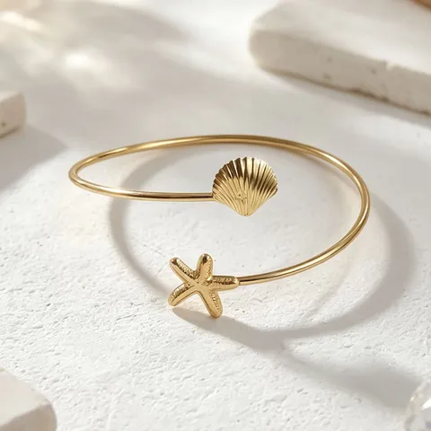 Brazalete de Brazo Abierto de Metal con Estrella de Mar y Concha Estilo Playa Boho para Mujer Joyería Ajustable
