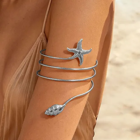 Braziale da Braccio a Spirale in Metallo Aperto Regolabile Stella Marina Conchiglia Bracciale per Donna Spiaggia Festa Vacanza Gioielli
