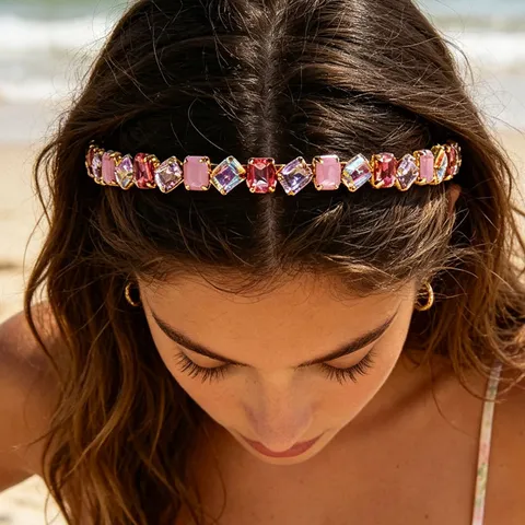 Korean Style Electroplated Metal Plastic Resin Rhinestone Headband Elegant Geometric Colorful Crystals Hairband Hair Accessories For Women