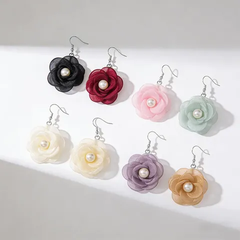 French Vintage Fabric Flower Stud Earrings With Artificial Pearl Sweet Vacation Floral Ear Jewelry For Women