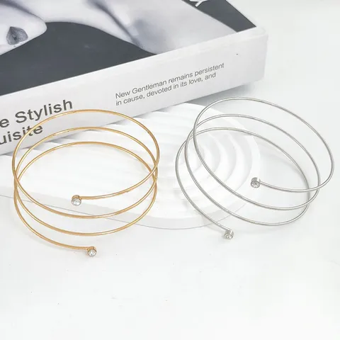 European American Fashion Multi Layer Geometric Spiral Armlet Adjustable Metal Open Upper Arm Cuff Rhinestone Bracelet Jewelry For Women