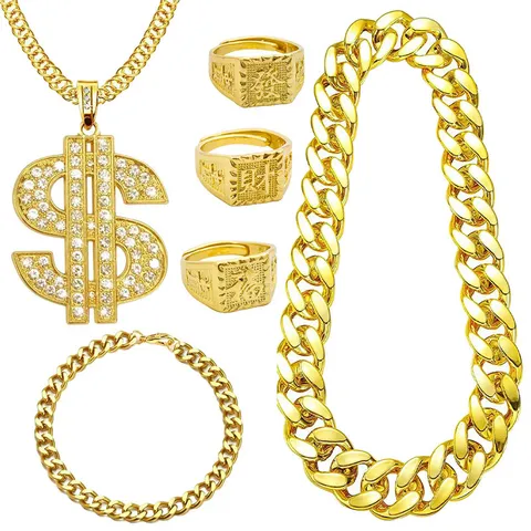 Parure Bijoux Hip Hop Signe Dollar Pendentif Collier Bracelet Bague Plaqué Or Chaîne Maille Cubaine Strass pour Hommes Femmes Fête