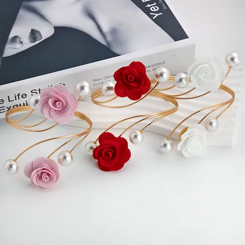 Adjustable Metal Arm Cuff Bracelet With Fabric Rose Flower And Artificial Pearl Personalized Cute Open Bangle Jewelry For Women