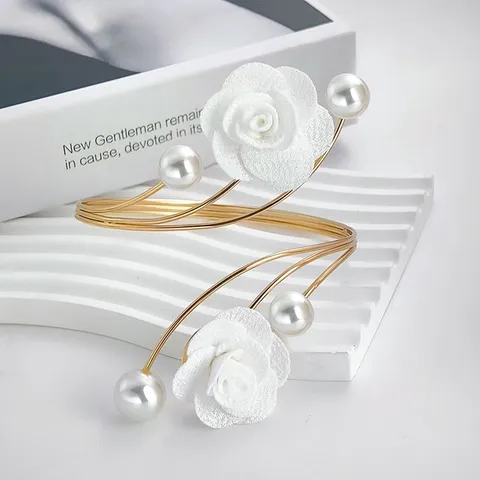 Adjustable Metal Arm Cuff Bracelet With Fabric Rose Flower And Artificial Pearl Personalized Cute Open Bangle Jewelry For Women